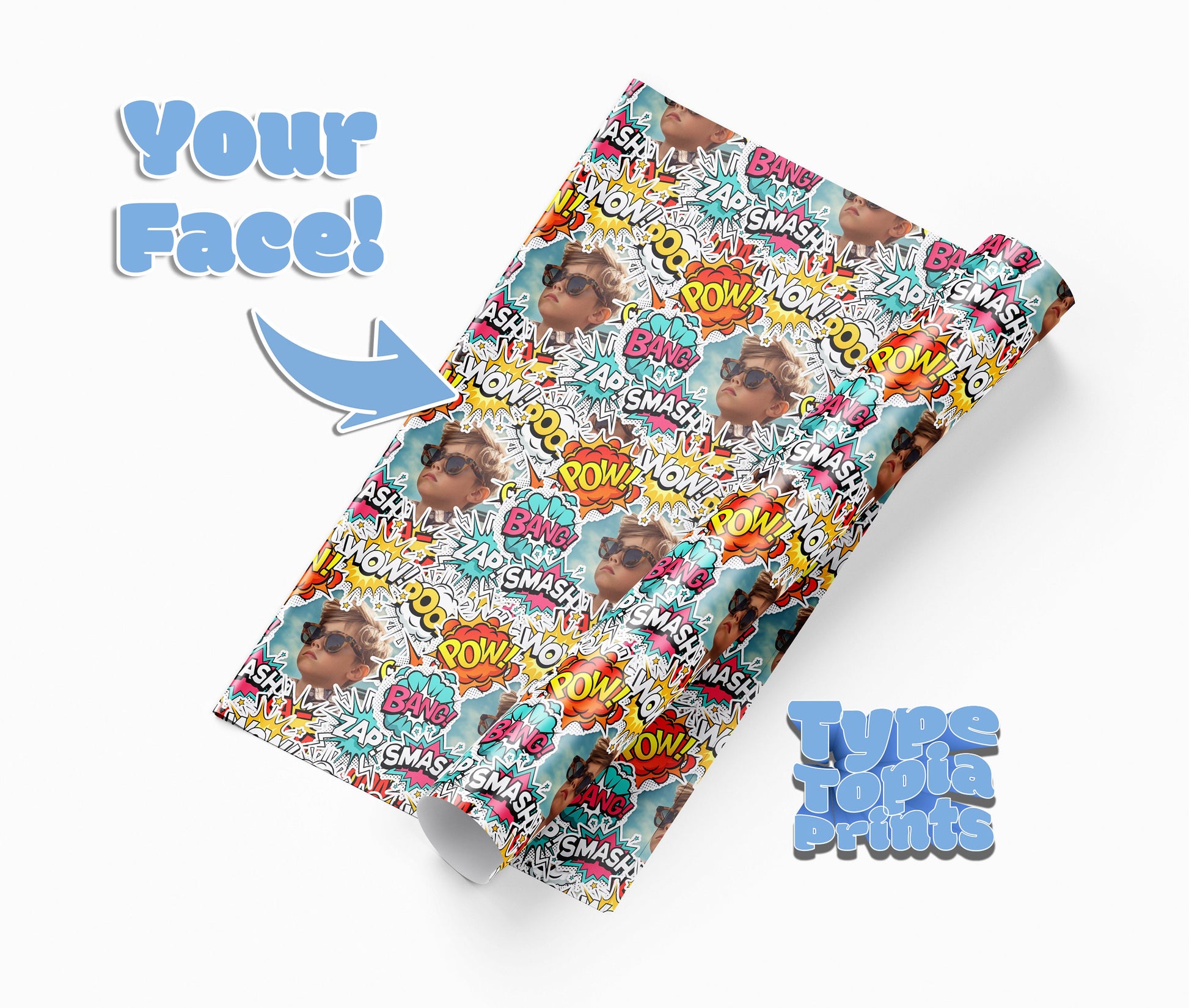 Personalised Superhero Wrapping Paper | Comic Book | Any Face All Over Print | Birthday | Christmas